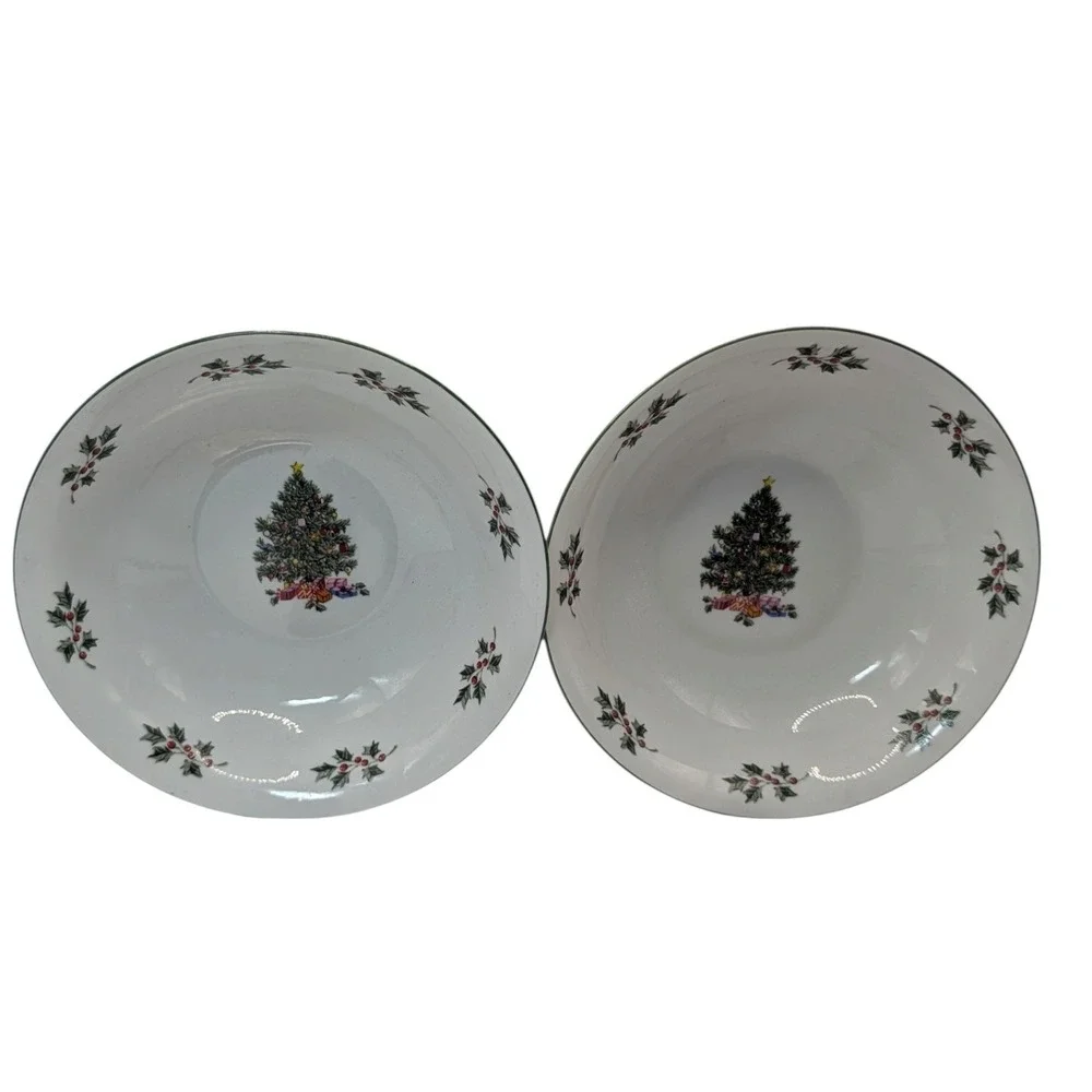 Gibson Noel Morning Soup Bowls Christmas Tree Holly Holiday Vintag Set of Two